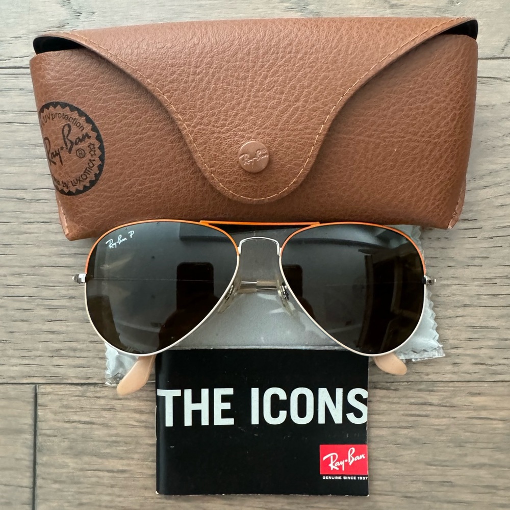 EUC Ray-Ban polarized aviator sunglasses with orange and gold rim, no scratches.